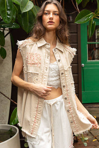 Oversized Sleeveless crochet lace floral patch Denim Vest