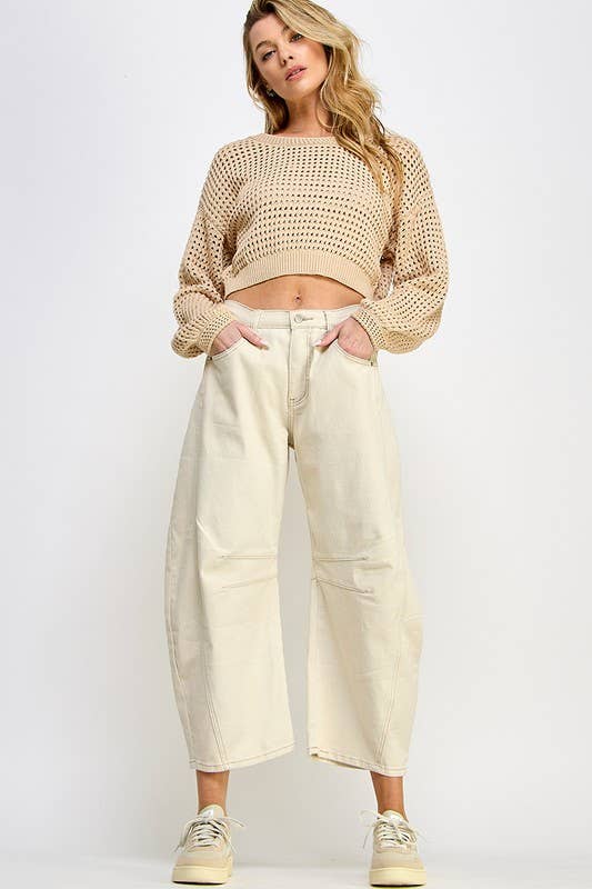 Beige Crochet Sweater Cropped Top