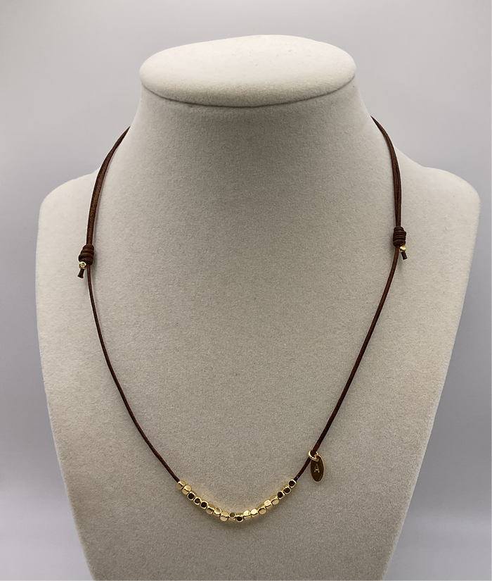 Brown Leather W/ Square Mini Gold Beads