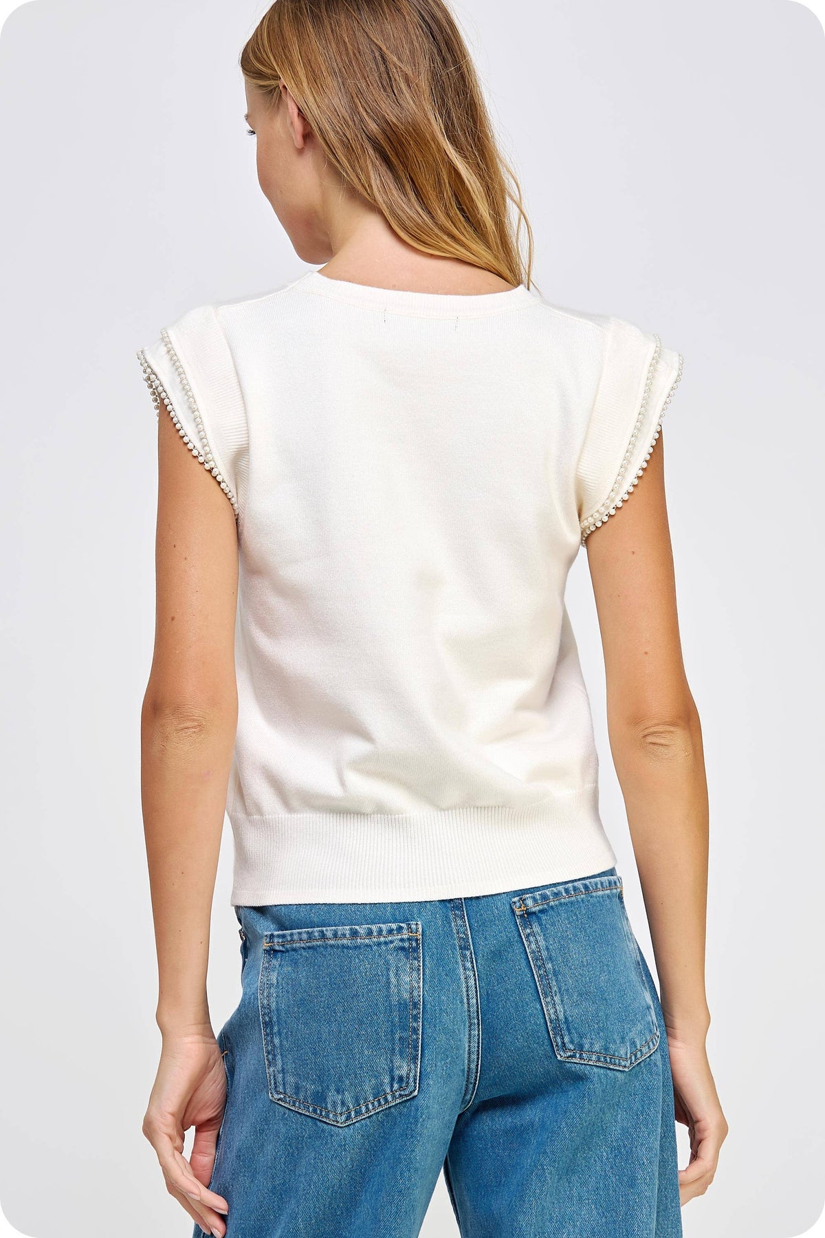 Pearl Trim Sleeveless Knit Sweater Top