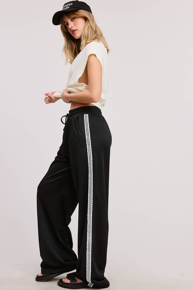 Lace Trim Wide Leg Track Pants with Drawstring Waist
