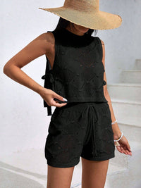 Beach resort tie-side hollow out tank top & short knit set