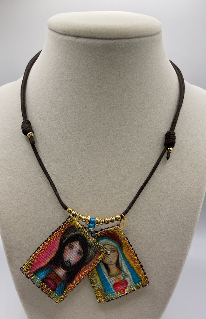 Twig Necklace W/ Gold Beads & Double Scapular