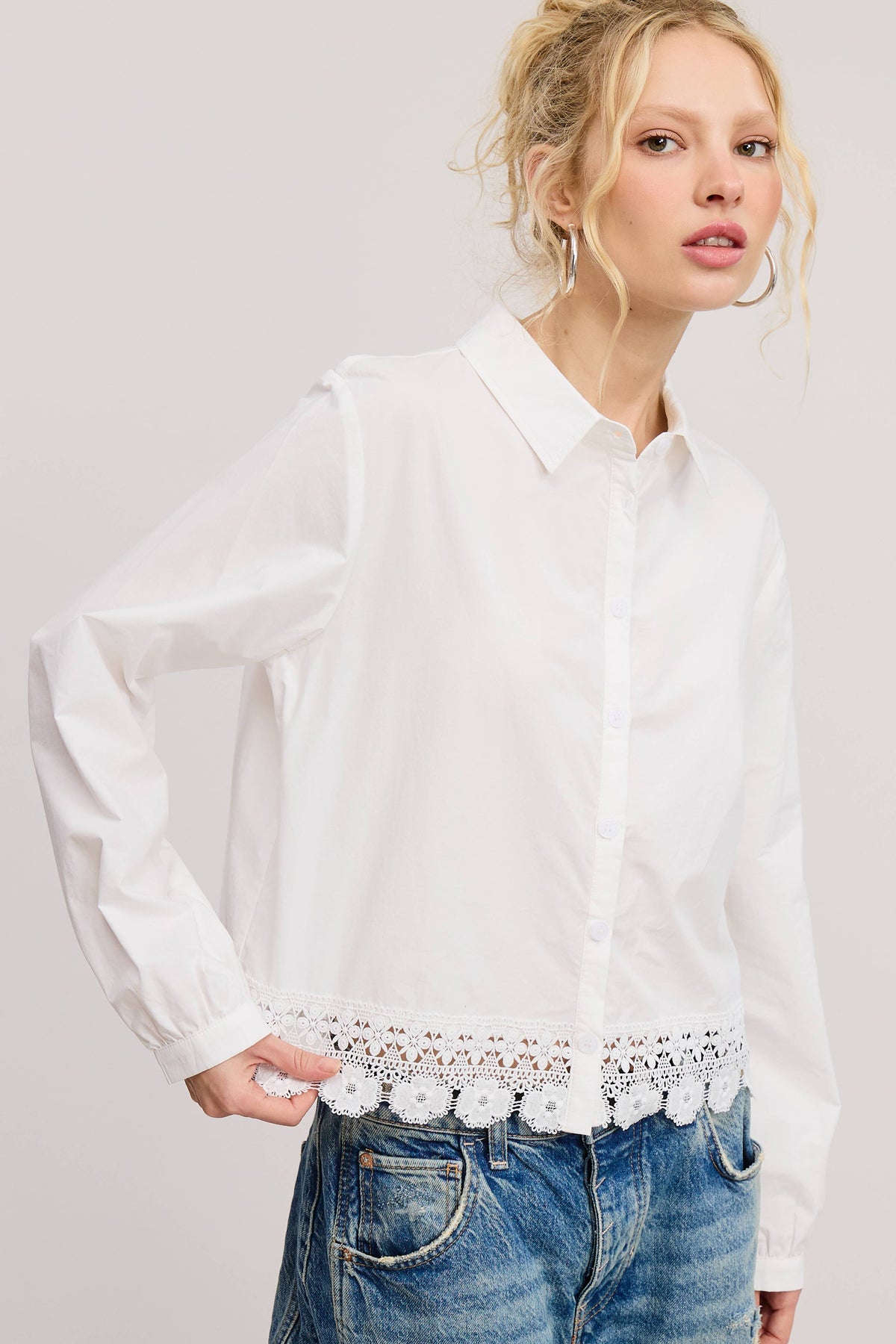 Eyelet Embroidery Trim Detail Collared Blouse