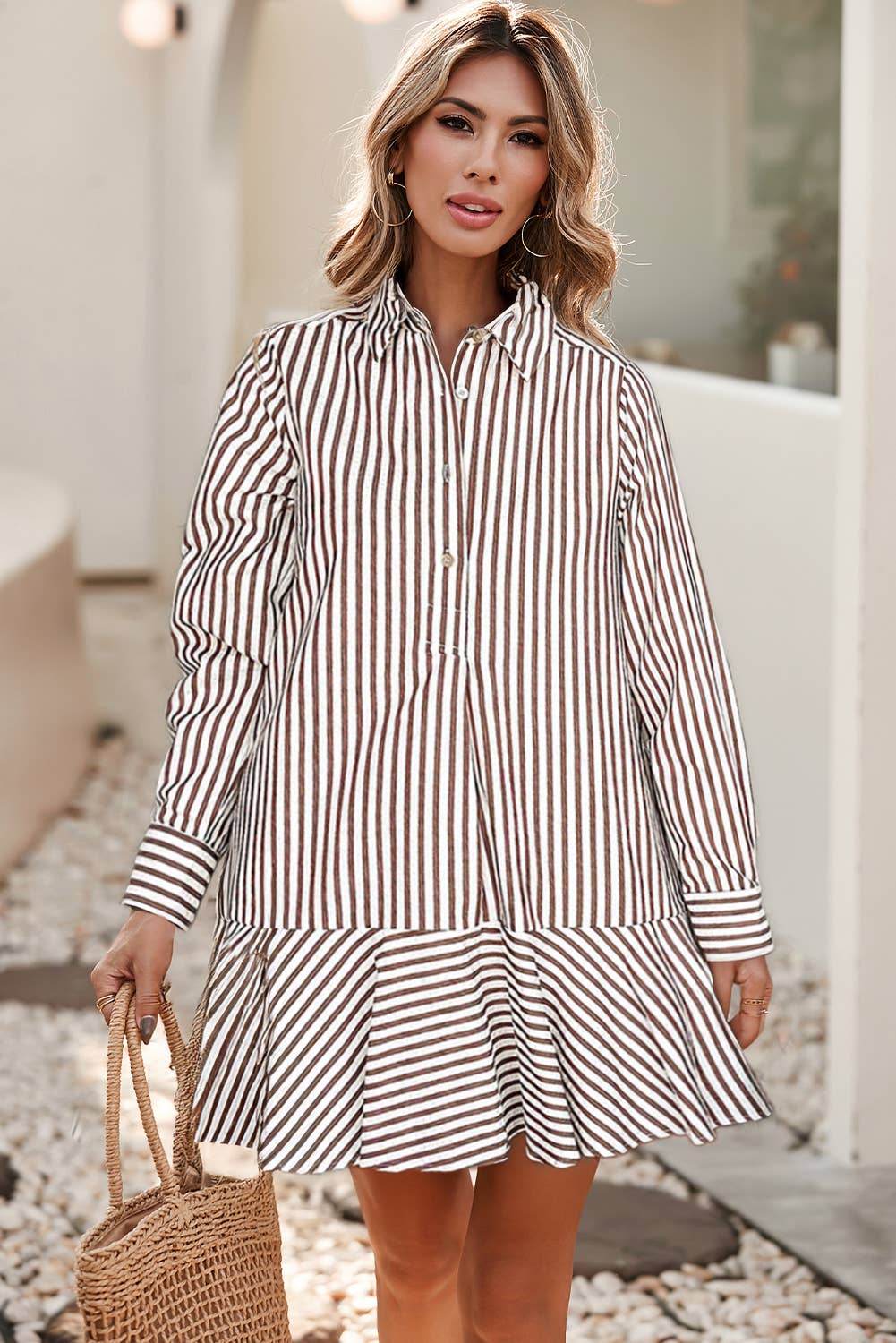 LDC Stripe Ruffled Hem Collared Long Sleeve Shirt Dress