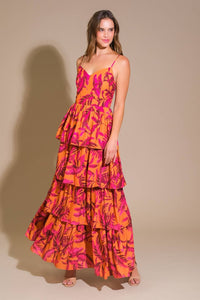 Fucsia & Orange Printed Maxi Dress