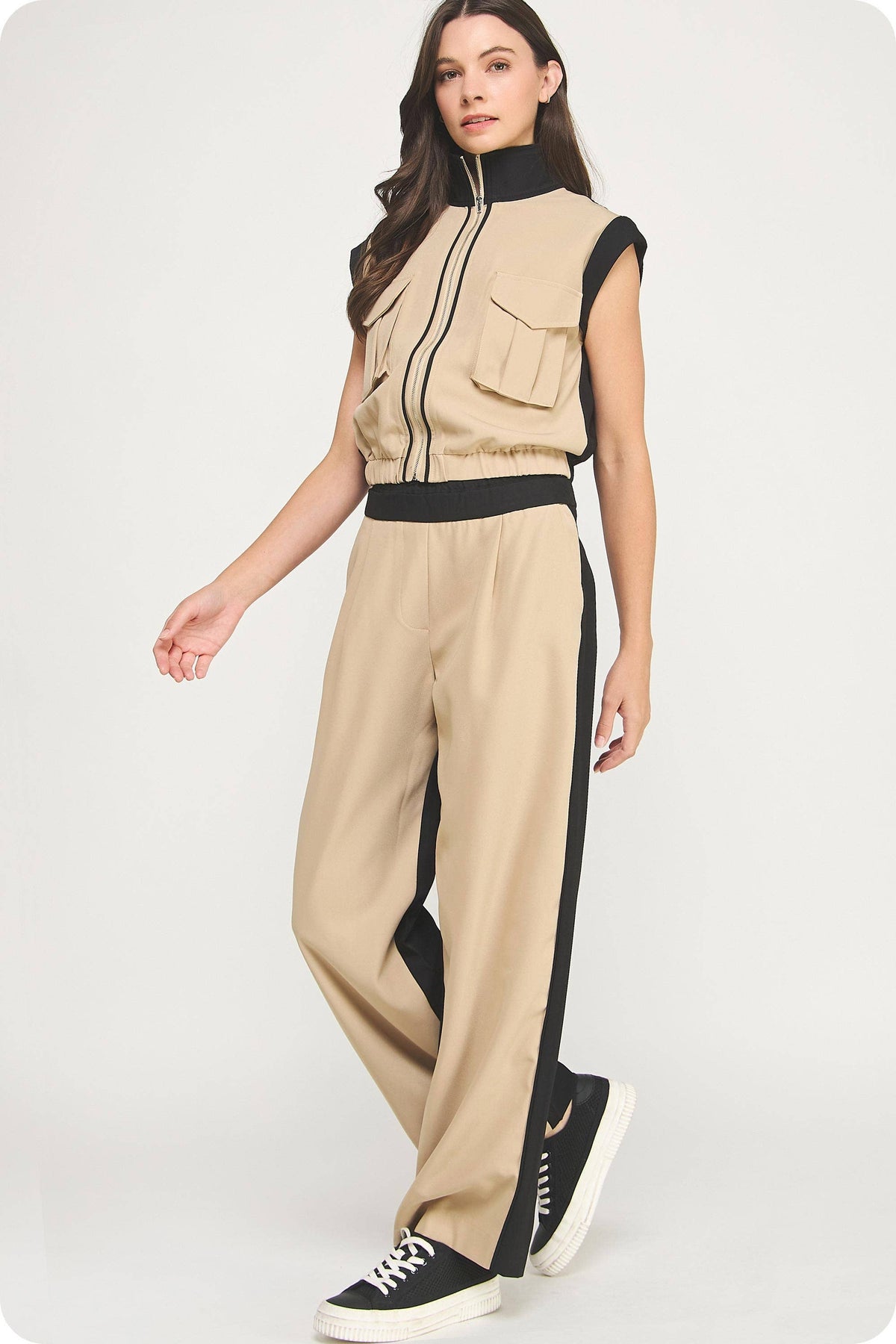 Contrast Waist Band Color Block Wide Leg Pants