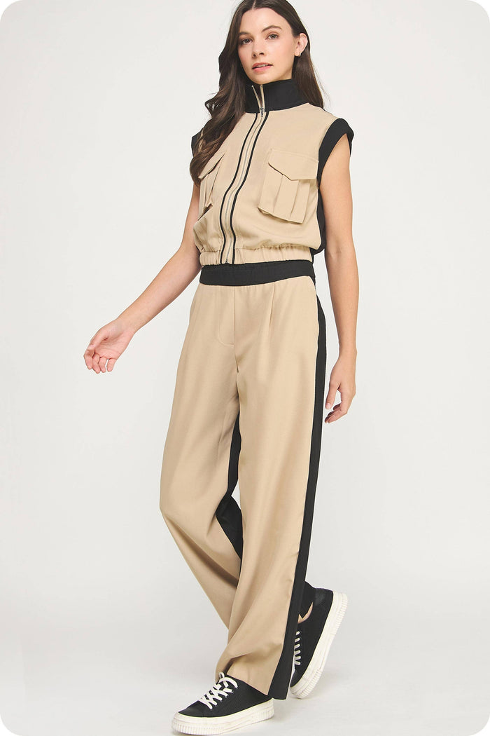 Contrast Waist Band Color Block Wide Leg Pants