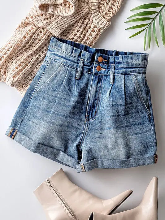 High Waisted Paper Bag Denim Shorts