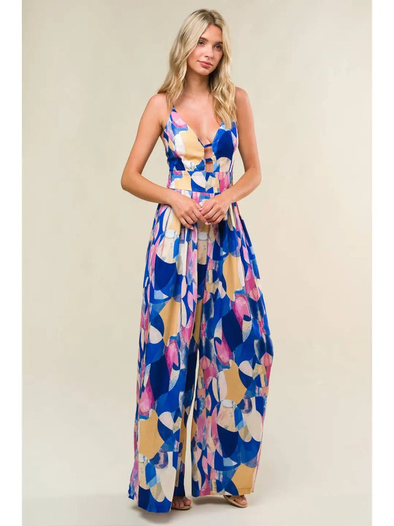Printed Woven Jumpsuit - Blue Abstract