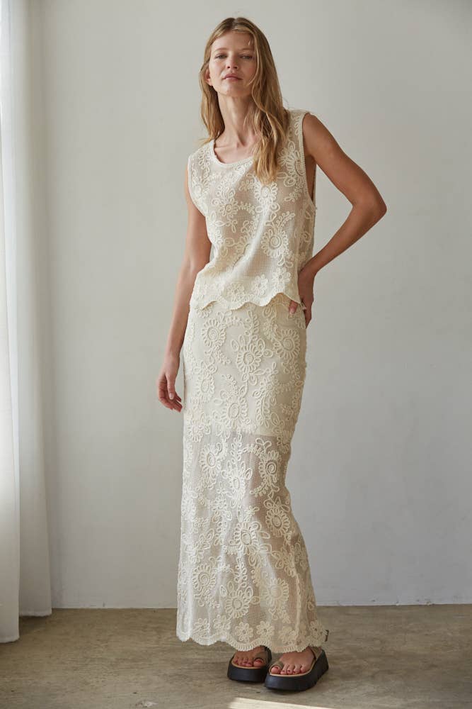 Woven Cotton Floral Lace Work Sleeveless Top