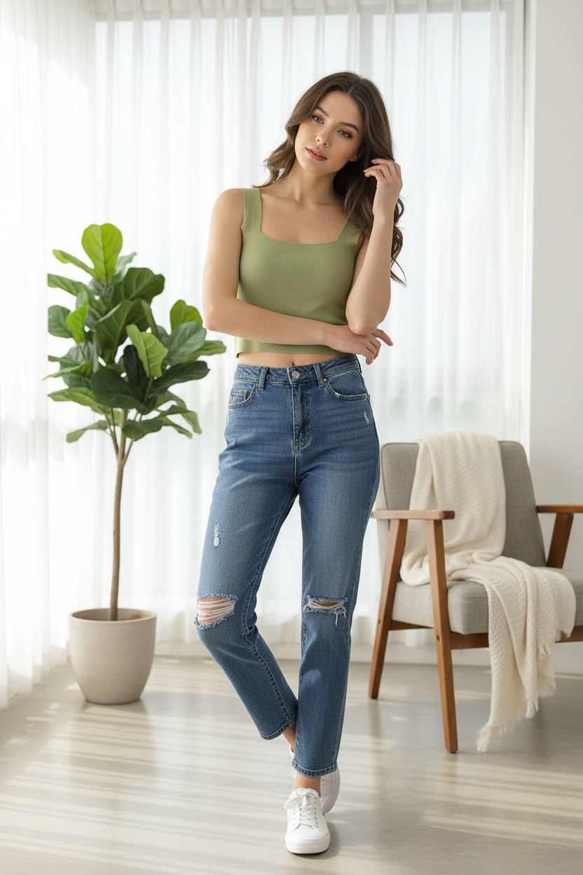 Solid Square Neck Sleeveless Knit Crop Top