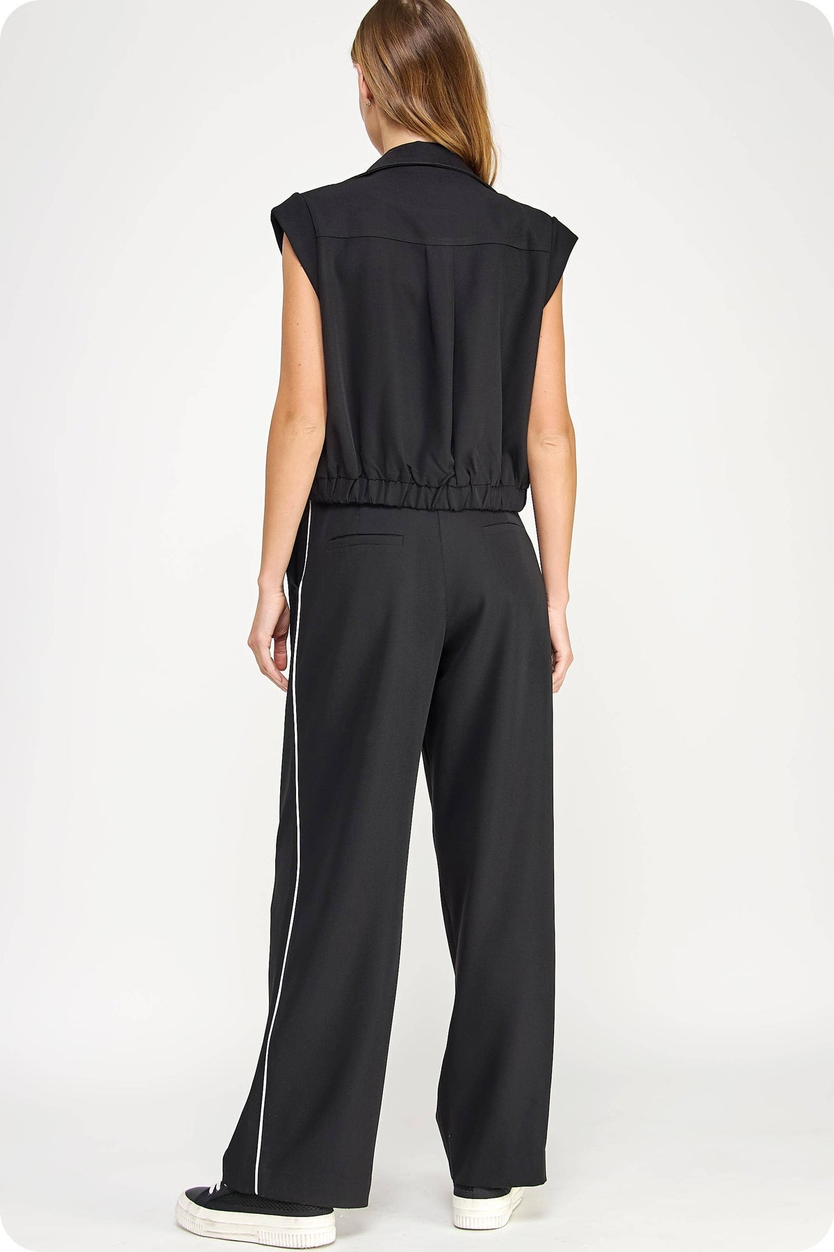 Piping Detail Satin Waistband Contrast Wide Leg Pants