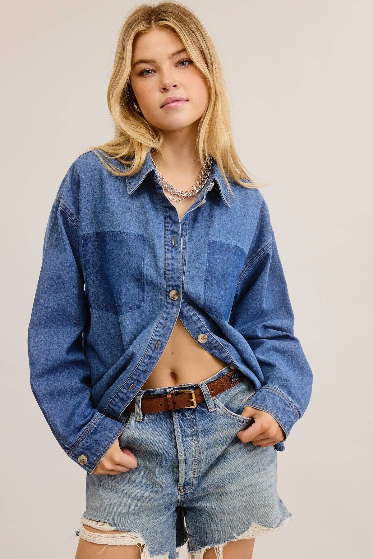 Buttoned Denim Shirt with Contrast Pocket Detail