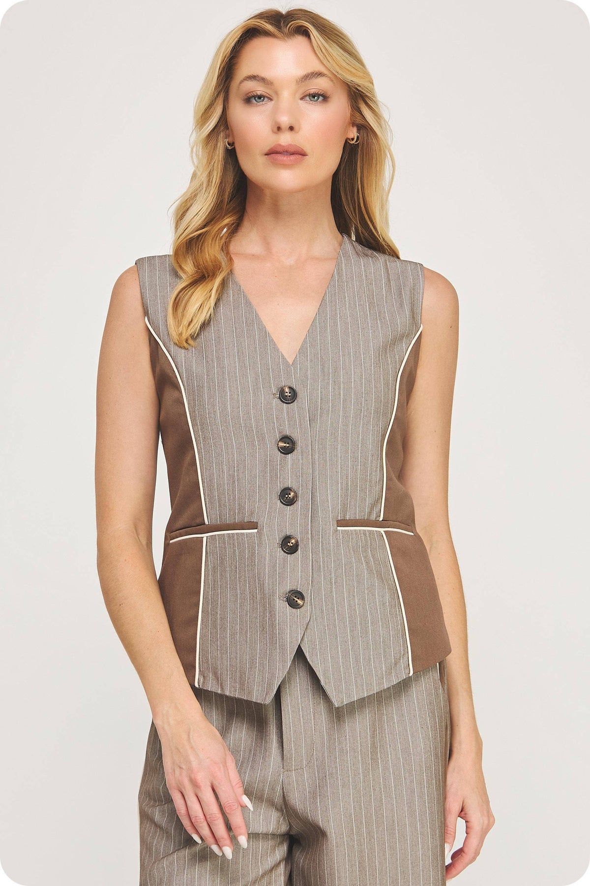 Pinstripe Mixed Media Piping Vest Top