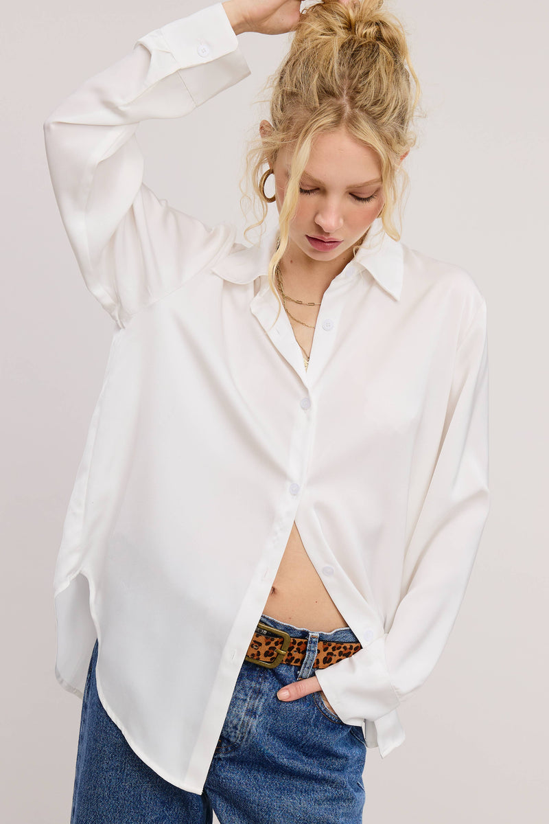 Collared Solid Satin Button-Down Long Sleeve Blouse