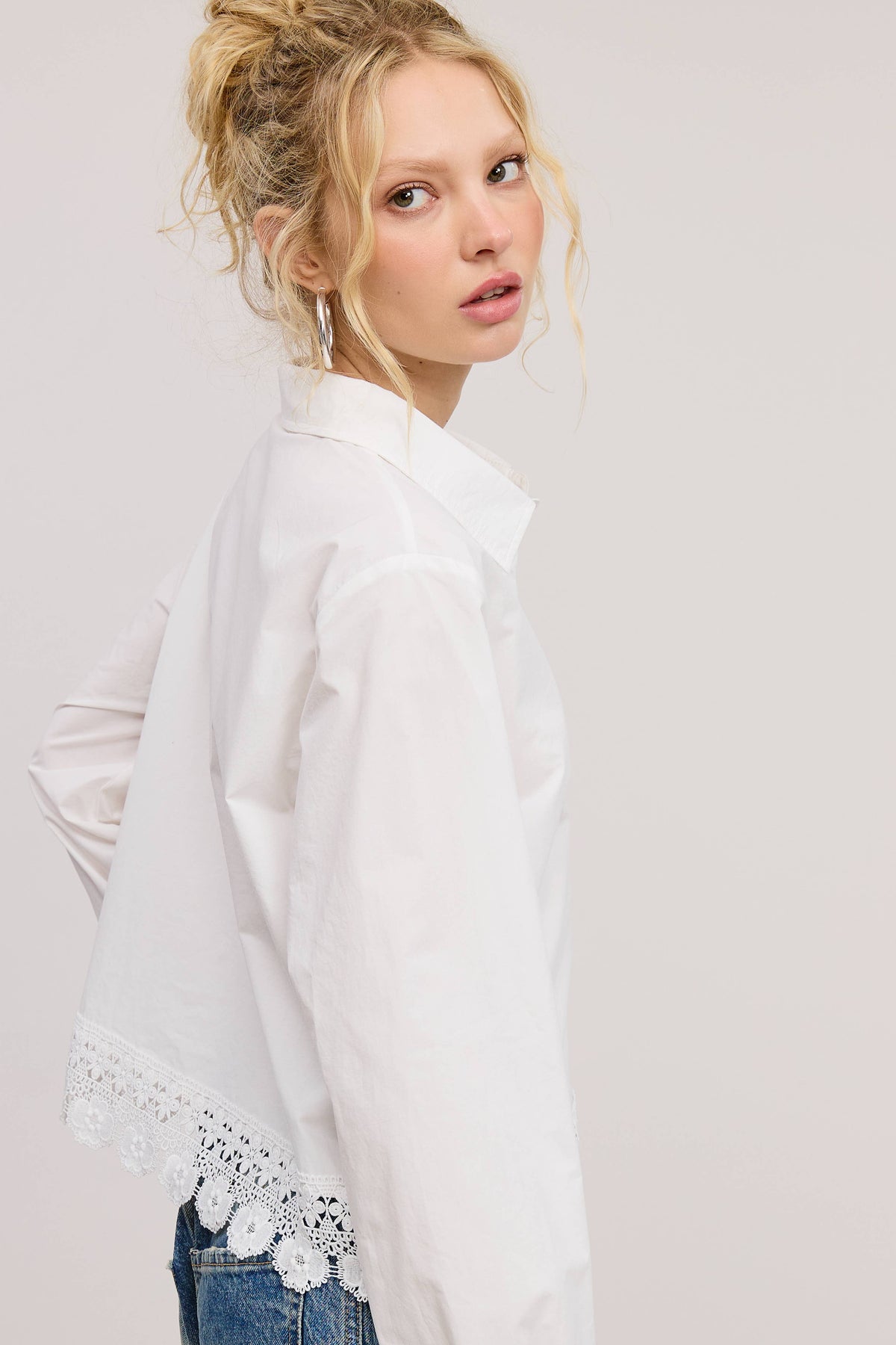 Eyelet Embroidery Trim Detail Collared Blouse