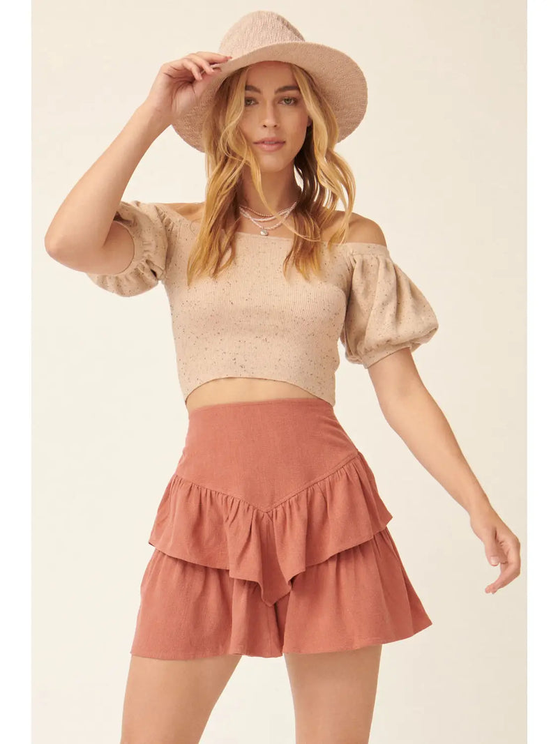 Woven Yoke Ruffle Layer Mini Skirt