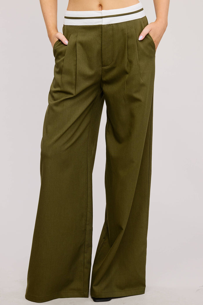 CONTRAST WAIST DETAIL WOVEN TROUSER PANTS: Olive / S