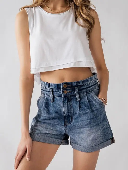 High Waisted Paper Bag Denim Shorts