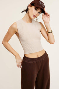 CREW NECK STRETCHY SOLID RIBBED KNIT CROPPED TANK TOP