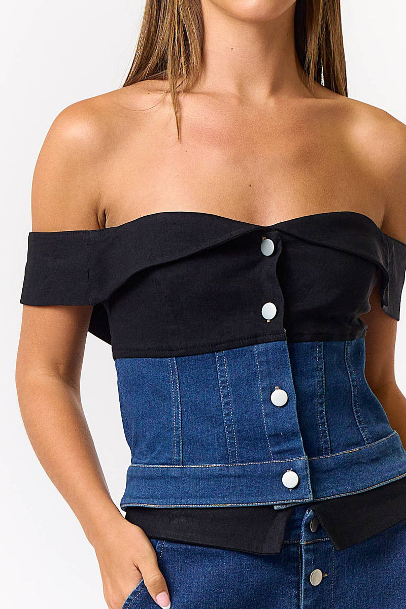 Foldover Contrast Off Shoulder Stretch Denim Top