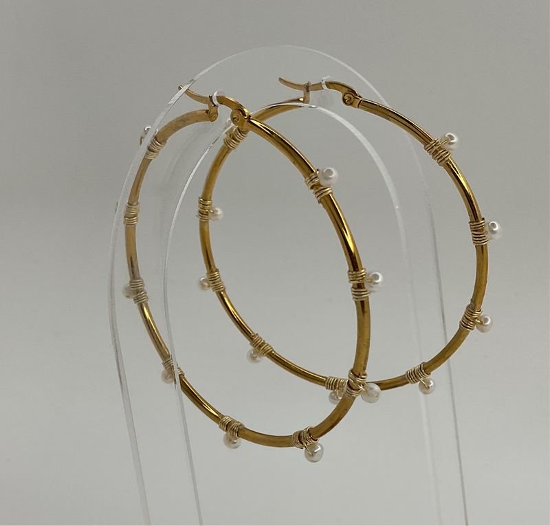 Big Gold Hoops W/ Small Pearls