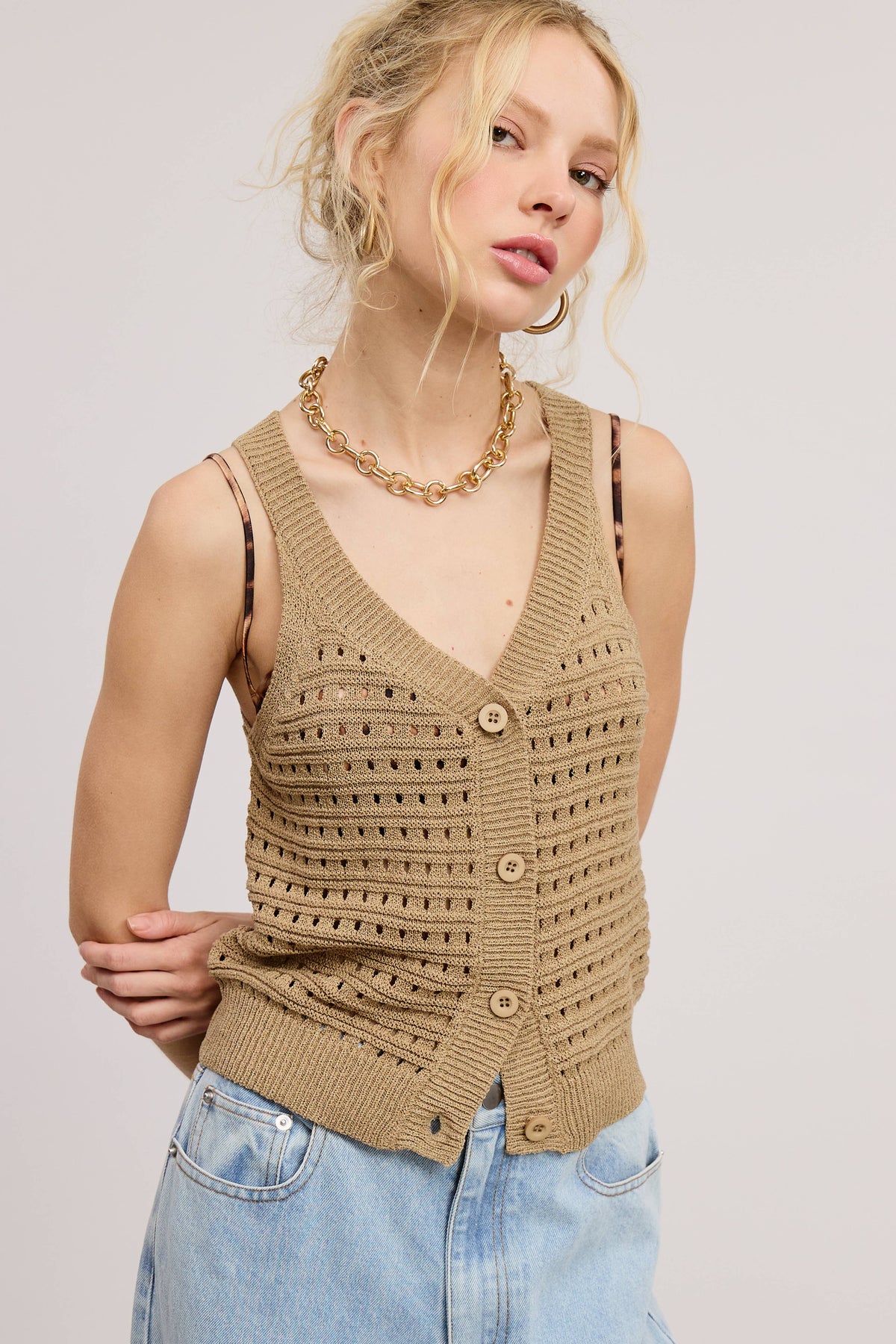 Punch Work Stitch Knit Tank Top