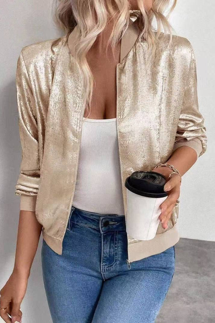 Champagne Zipper Cropped Jacket Coat