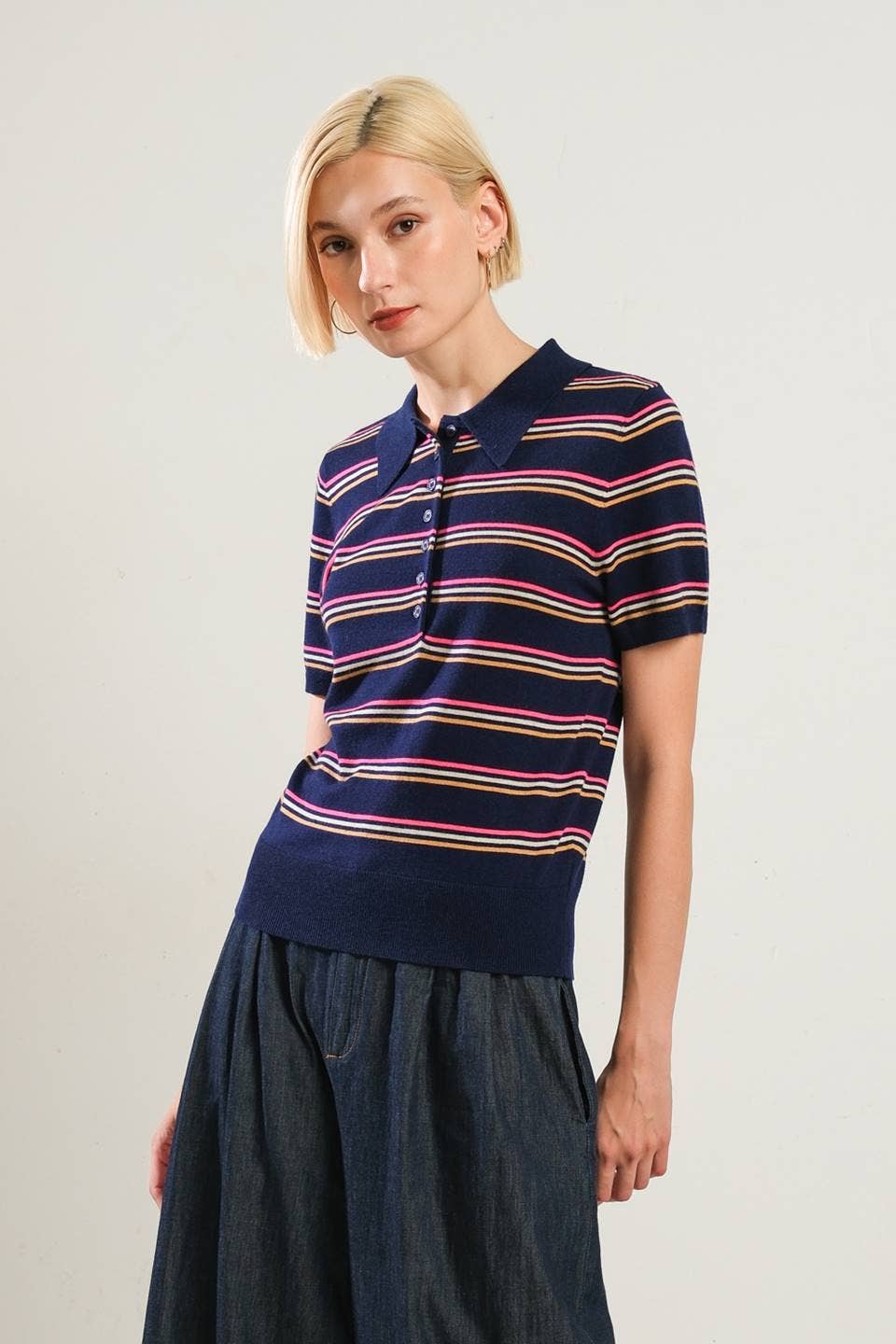 A Stripe Button Down Polo Sweater Top - NAVY