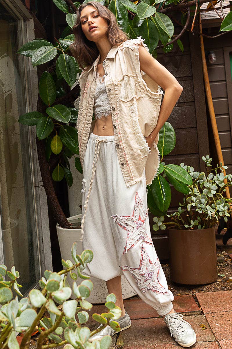 Oversized Sleeveless crochet lace floral patch Denim Vest