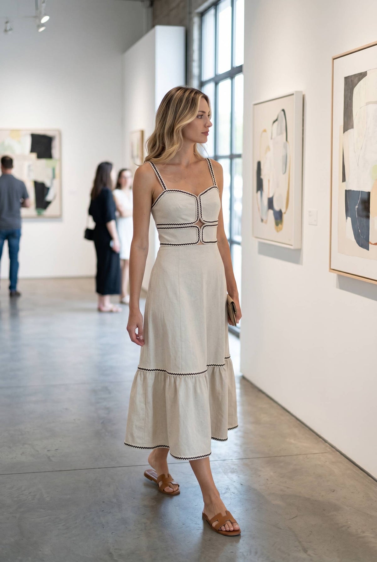 Cotton Linen Midi Dress With Trim Tape Detail