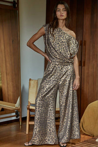 Woven Satin Animal Print Off The Shoulder Top