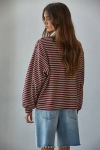 Knit Ribbed Striped Half Button Up Collared Pullover