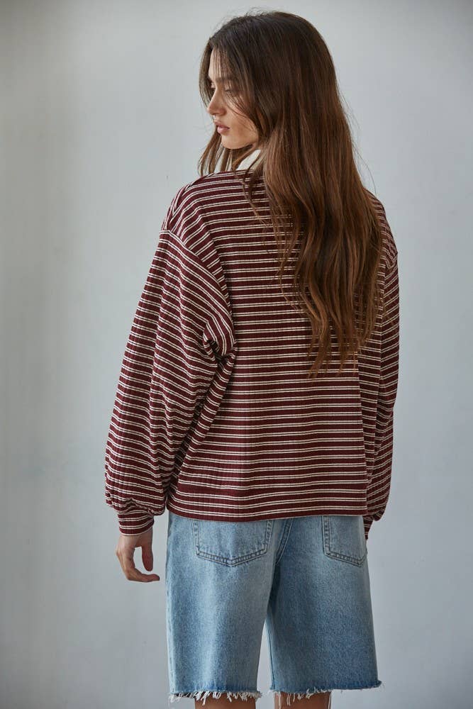 Knit Ribbed Striped Half Button Up Collared Pullover