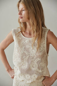 Woven Cotton Floral Lace Work Sleeveless Top