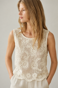 Woven Cotton Floral Lace Work Sleeveless Top