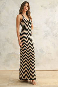Color Combo Knitted Black & Beige Maxi Dress