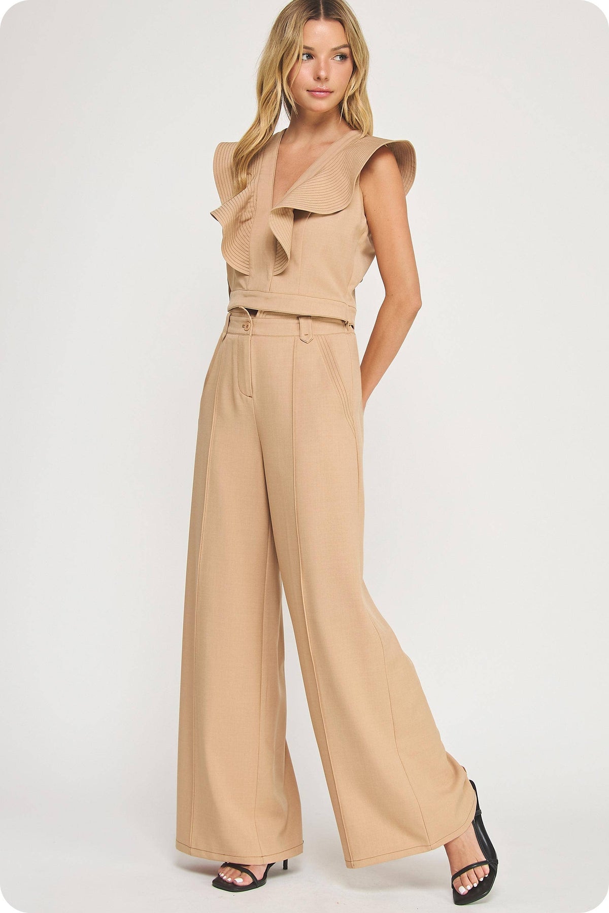 Top Stitch Detail Wide Leg Trousers