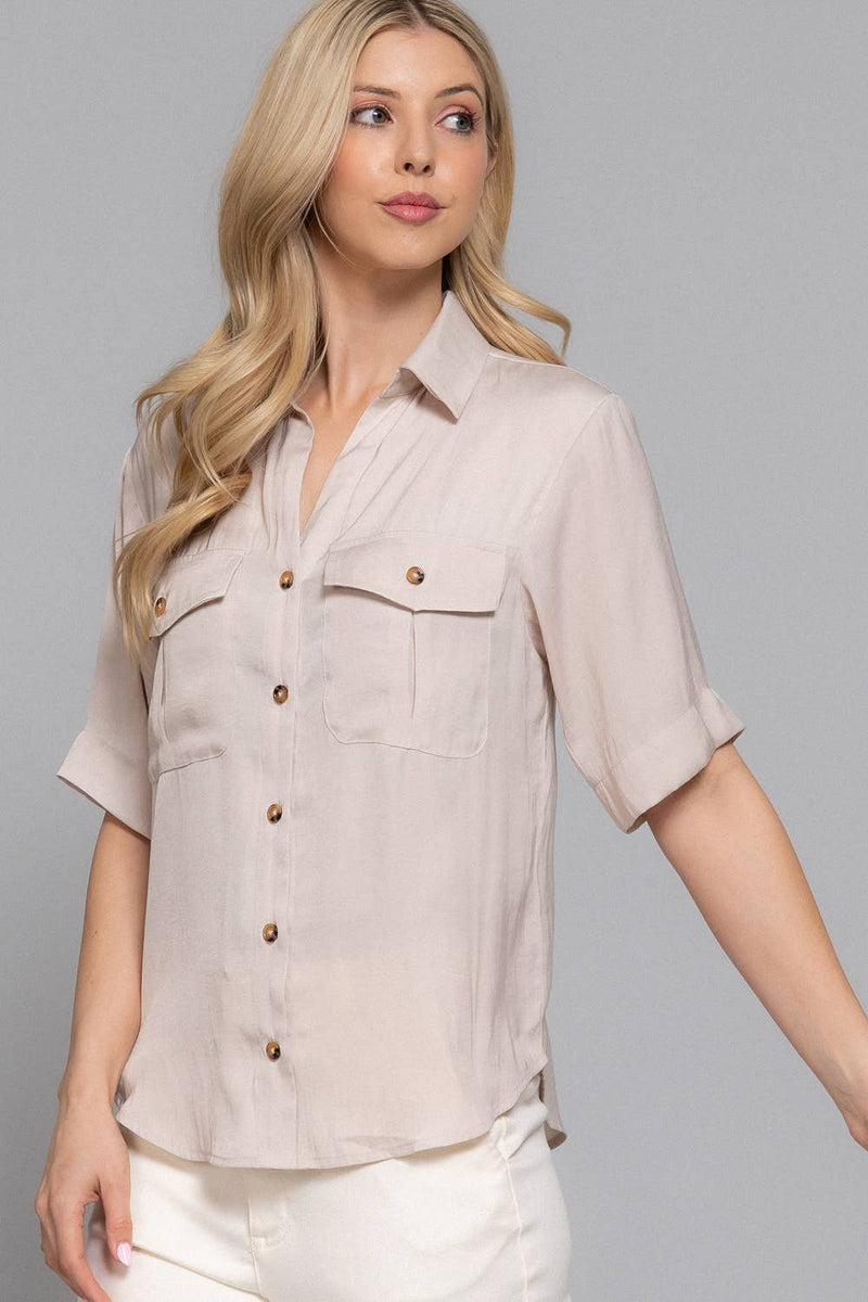 Short Sleeve Button Down Washed Dull Satin Shirt