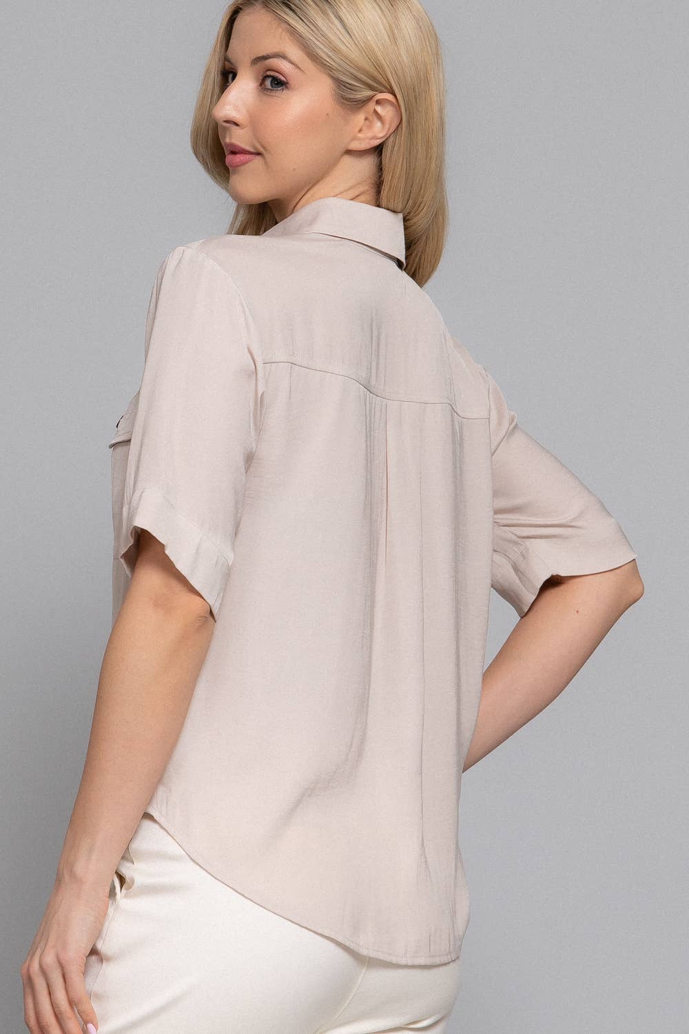 Short Sleeve Button Down Washed Dull Satin Shirt