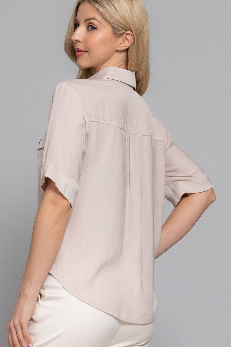 Short Sleeve Button Down Washed Dull Satin Shirt
