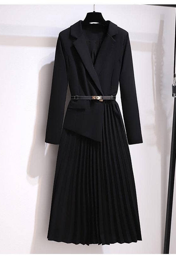 Blazer Pleated Dress With Genius Leatther Belt