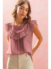 LINEN BLEND WOFEN PLEATED NECK TRIM BLOUSE TOP