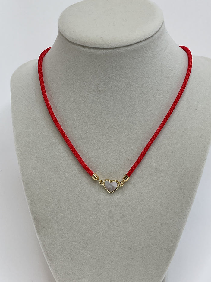 Red Cord W/ Gold Nacar Mini Heart Necklace