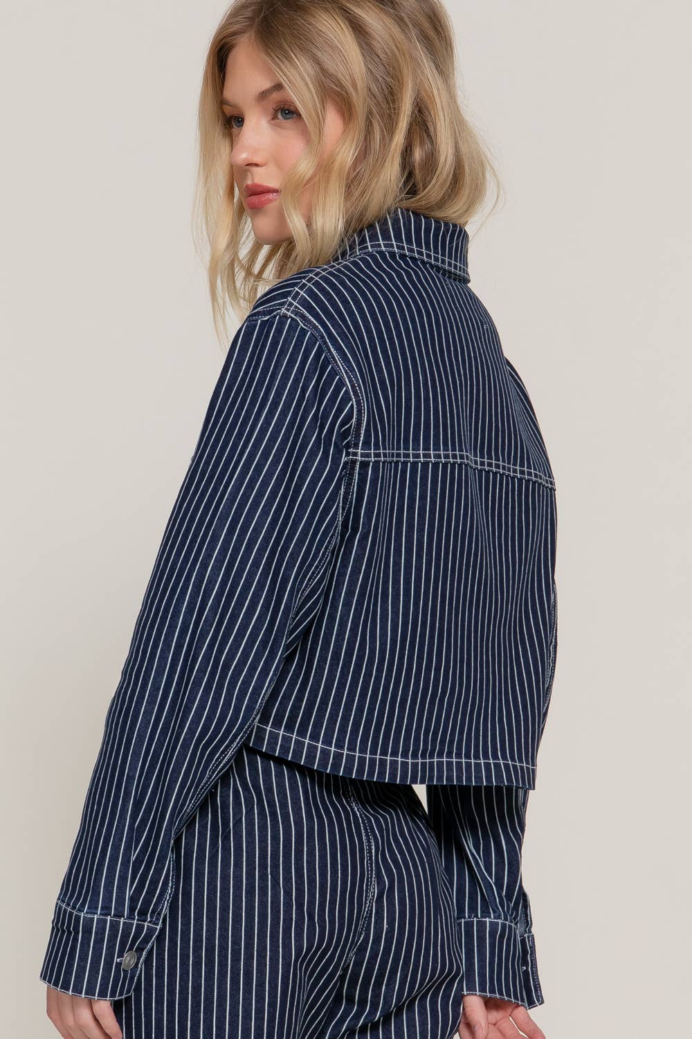 Button Down Stripe Denim Short Jacket