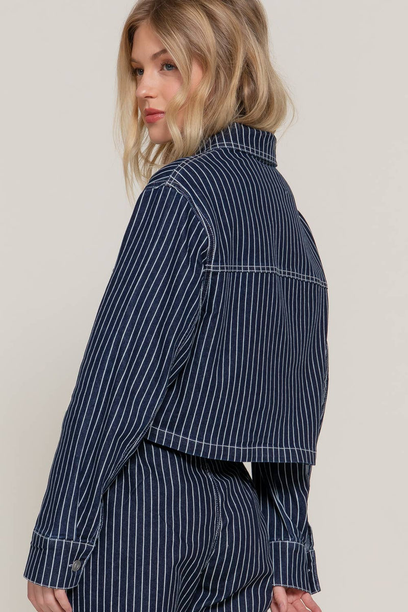 Button Down Stripe Denim Short Jacket