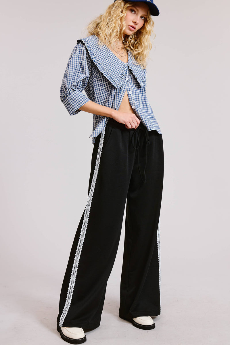 Lace Trim Wide Leg Track Pants with Drawstring Waist