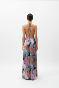 Abstract Print Satin Maxi Dress