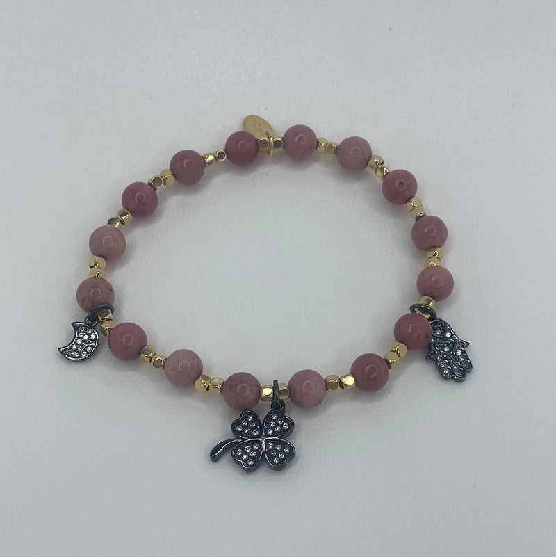 Pink & Gold Beads W/ Black Clover/Moon/Hand